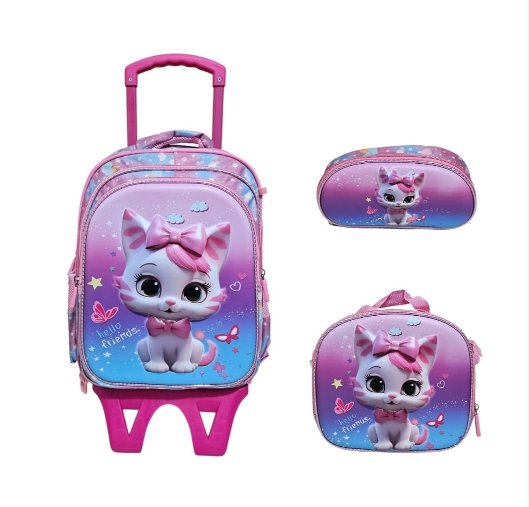 Unick Color Çekçekli İlkokul Çantası  Üçlü Set Fiyonklu Kedi