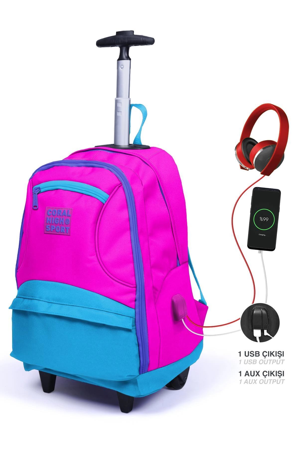 Coral High Sport Pembe Mavi Dört Bölmeli USB’li Çekçekli Sırt Çantası 