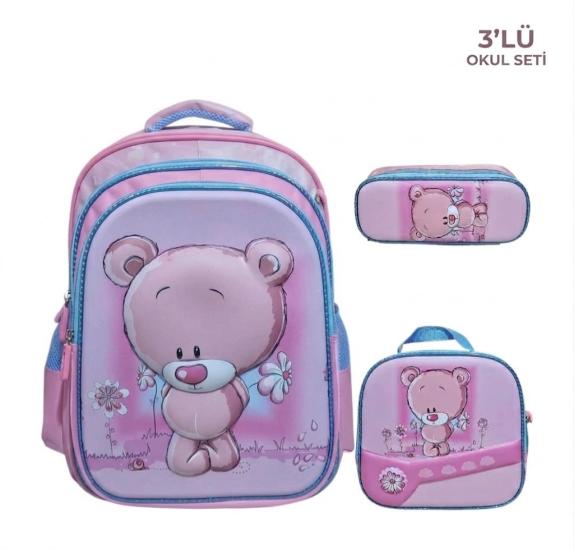 Unick Color Çekçekli İlkokul Çantası Üçlü Set Pembe Ayı