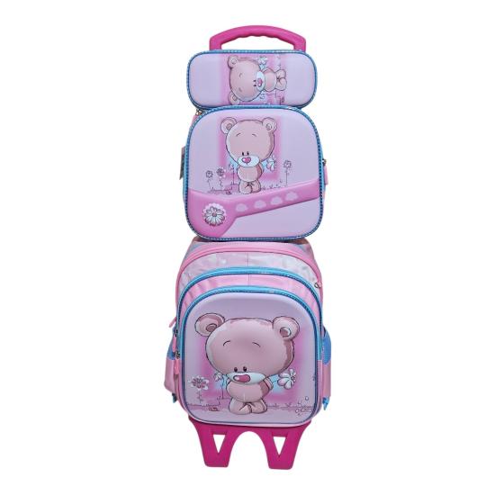 Unick Color Çekçekli İlkokul Çantası  Üçlü Set Pembe Ayı