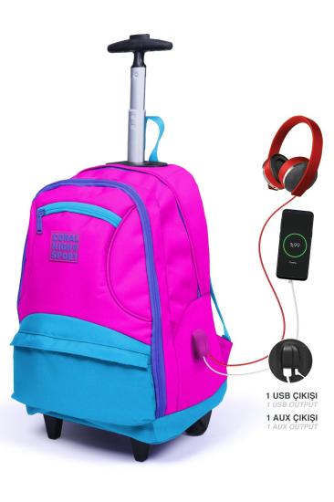 Coral High Sport Pembe Mavi Dört Bölmeli USB’li Çekçekli Sırt Çantası 