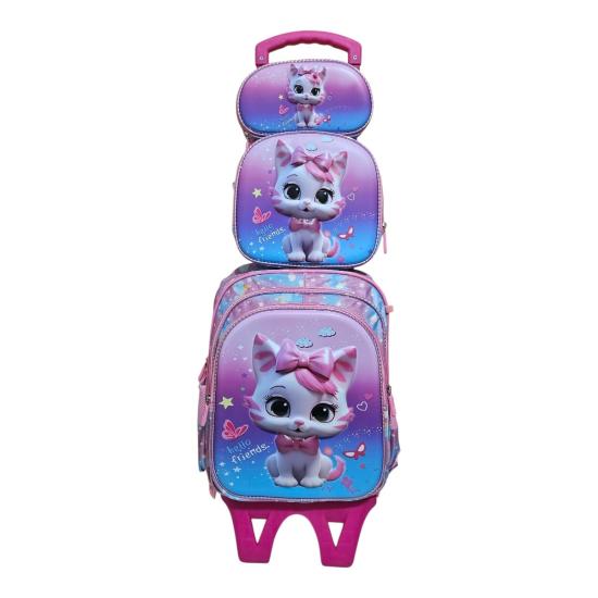 Unick Color Çekçekli İlkokul Çantası  Üçlü Set Fiyonklu Kedi
