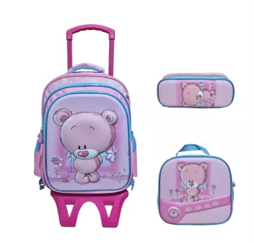 Unick Color Çekçekli İlkokul Çantası  Üçlü Set Pembe Ayı